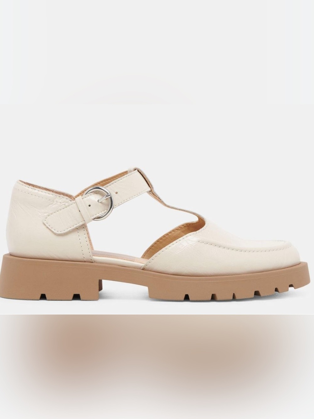 Dolce Vita Emilio Cream  Crinkle Patent Leather T-Strap Lug Sole Mules